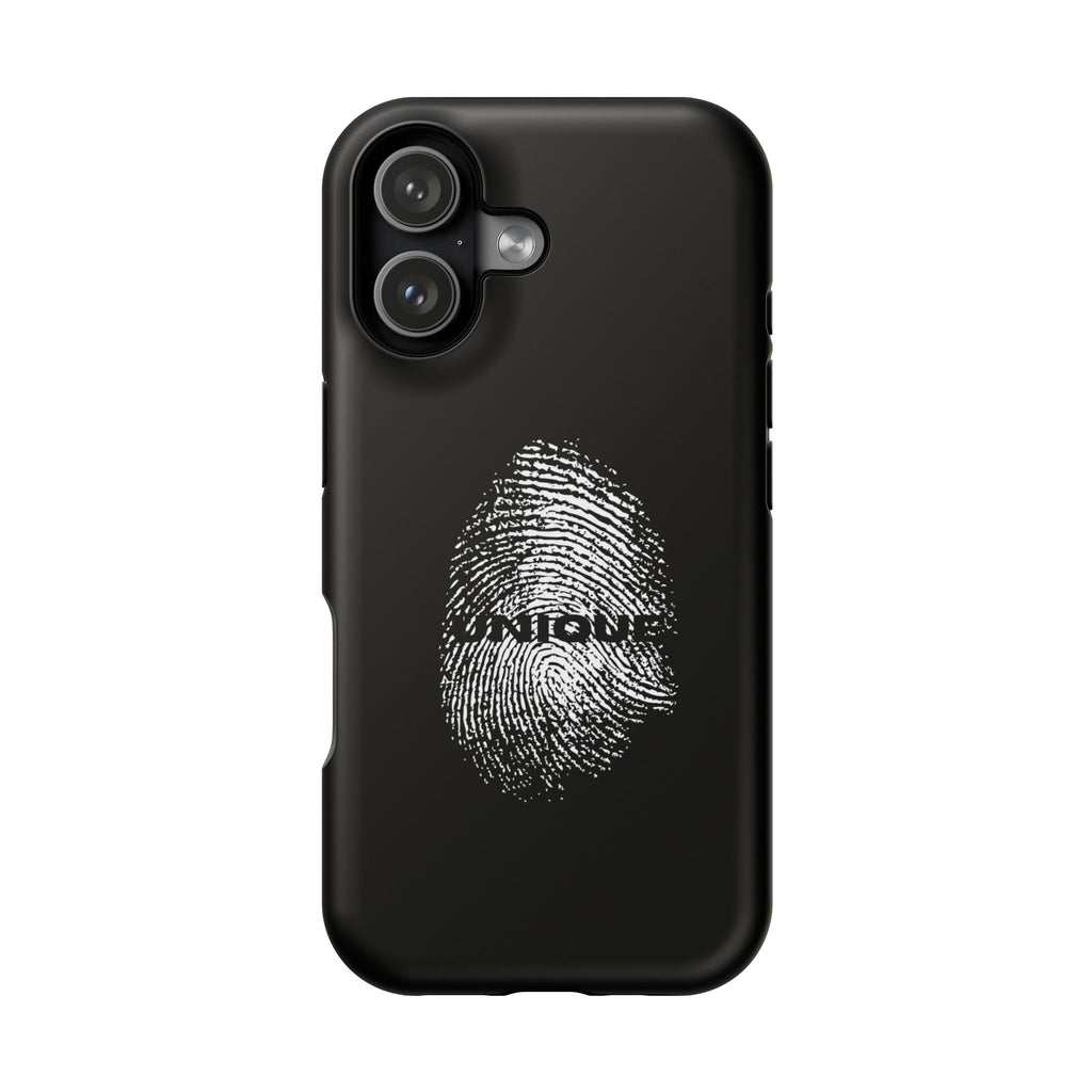 iPhone Case — Black Magnetic Impact-Resistant with Fingerprint Graphic & "Unique" Text