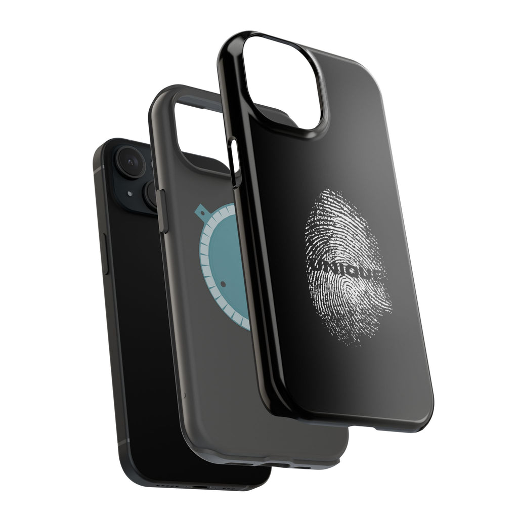 iPhone Case — Black Magnetic Impact-Resistant with Fingerprint Graphic & "Unique" Text