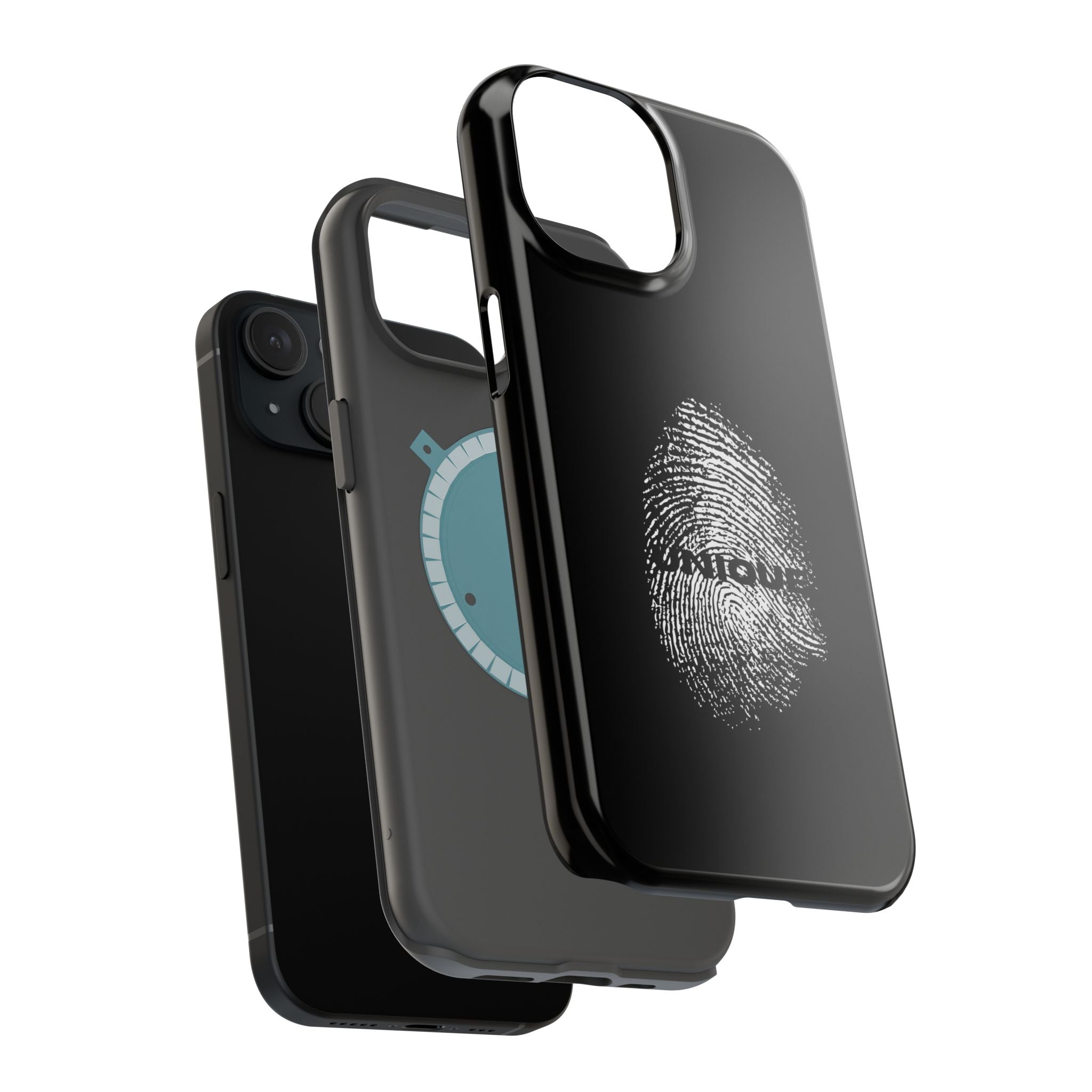 iPhone Case — Black Magnetic Impact-Resistant with Fingerprint Graphic & "Unique" Text