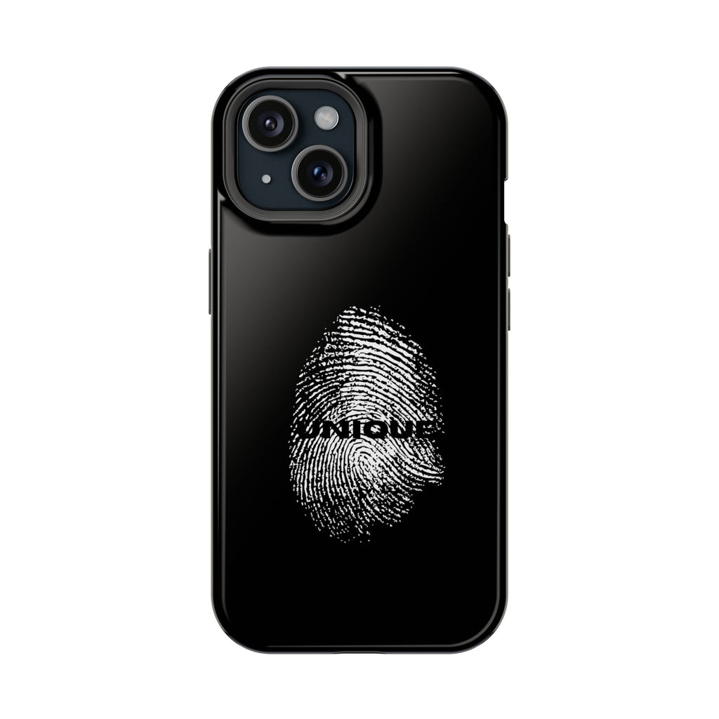 iPhone Case — Black Magnetic Impact-Resistant with Fingerprint Graphic & "Unique" Text