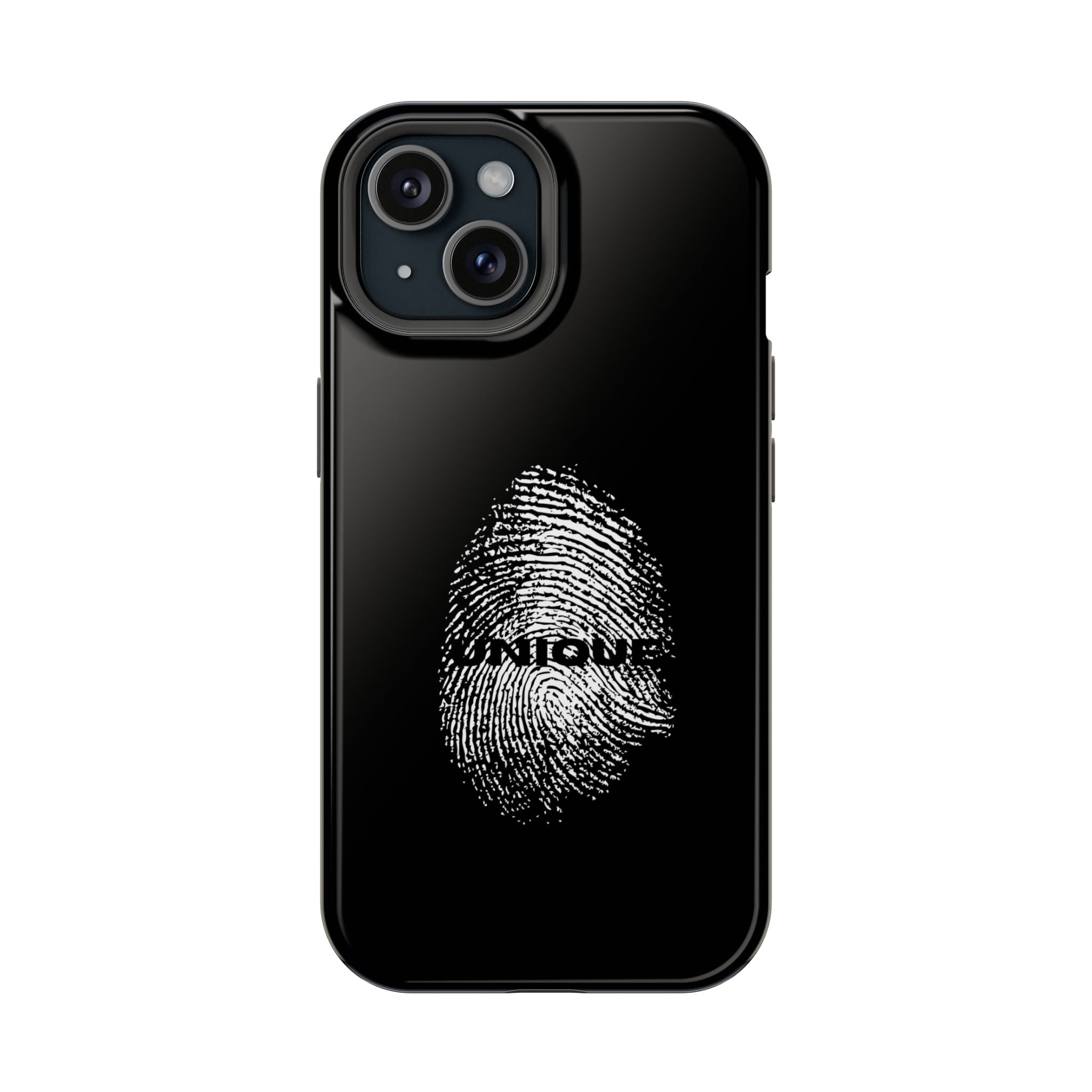 iPhone Case — Black Magnetic Impact-Resistant with Fingerprint Graphic & "Unique" Text