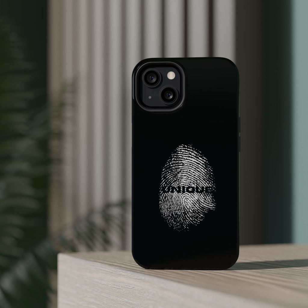 iPhone Case — Black Magnetic Impact-Resistant with Fingerprint Graphic & "Unique" Text