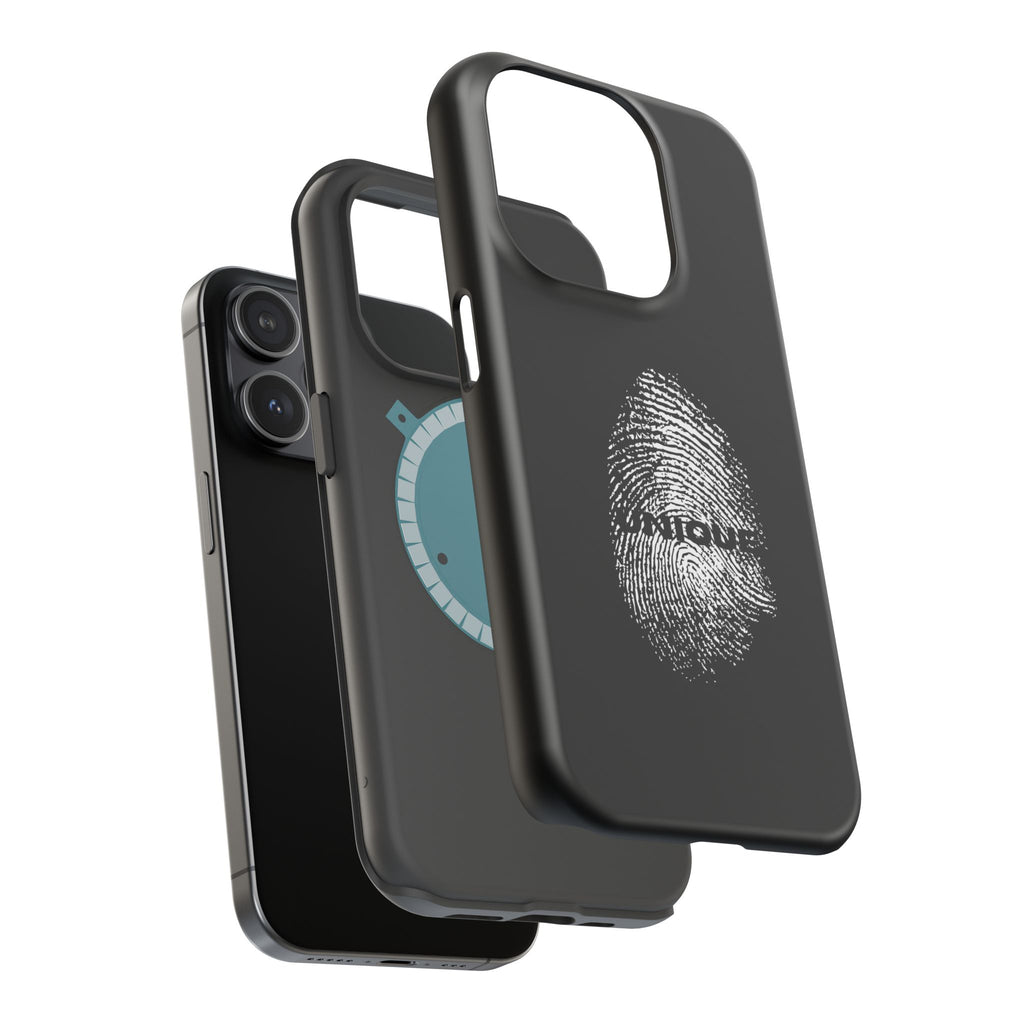iPhone Case — Black Magnetic Impact-Resistant with Fingerprint Graphic & "Unique" Text