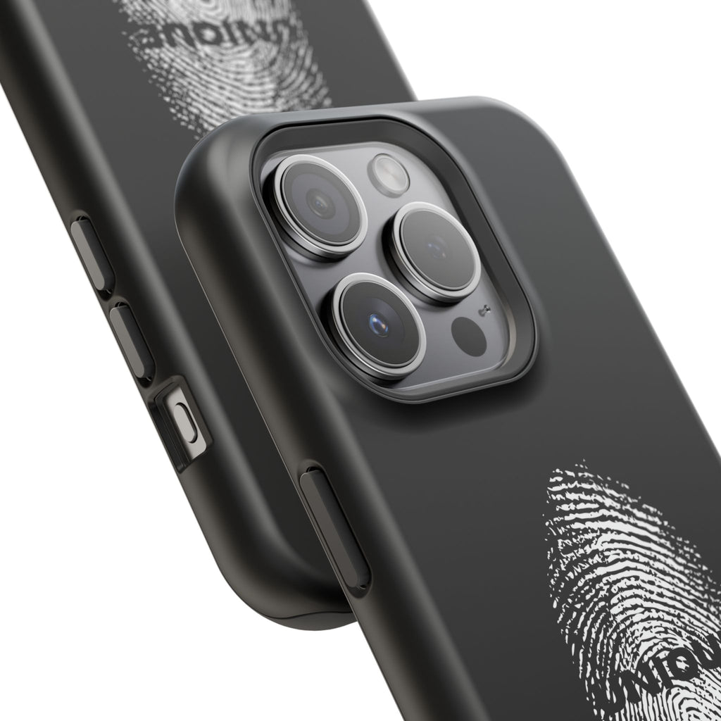 iPhone Case — Black Magnetic Impact-Resistant with Fingerprint Graphic & "Unique" Text