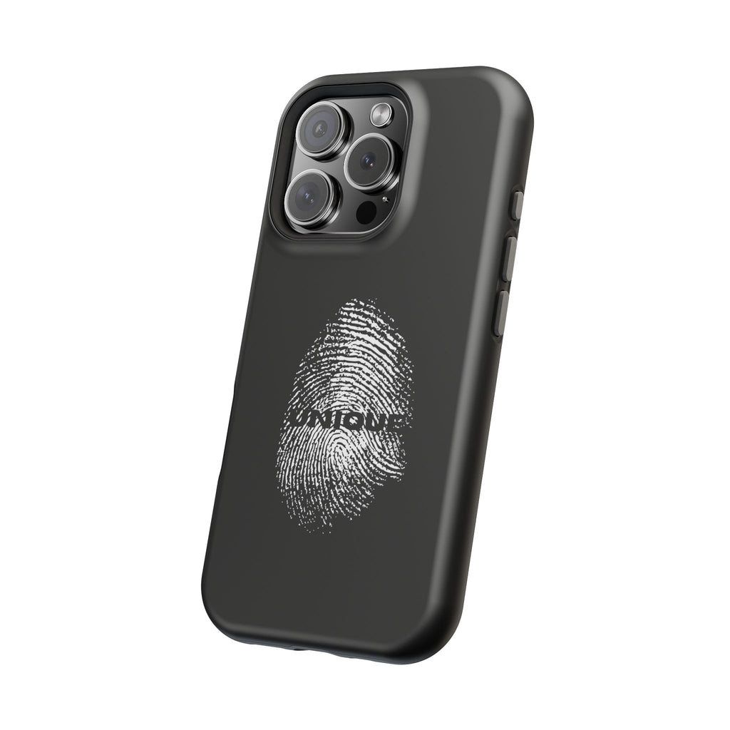 iPhone Case — Black Magnetic Impact-Resistant with Fingerprint Graphic & "Unique" Text