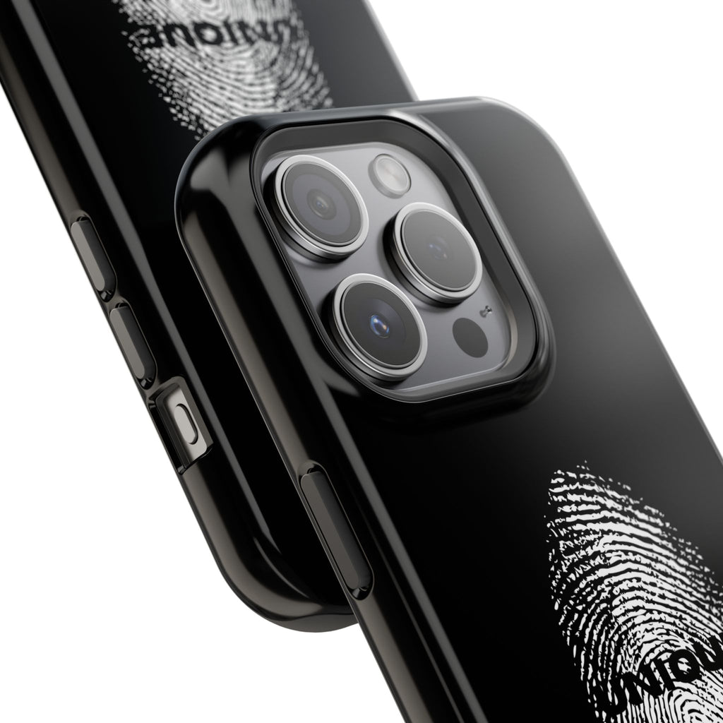 iPhone Case — Black Magnetic Impact-Resistant with Fingerprint Graphic & "Unique" Text