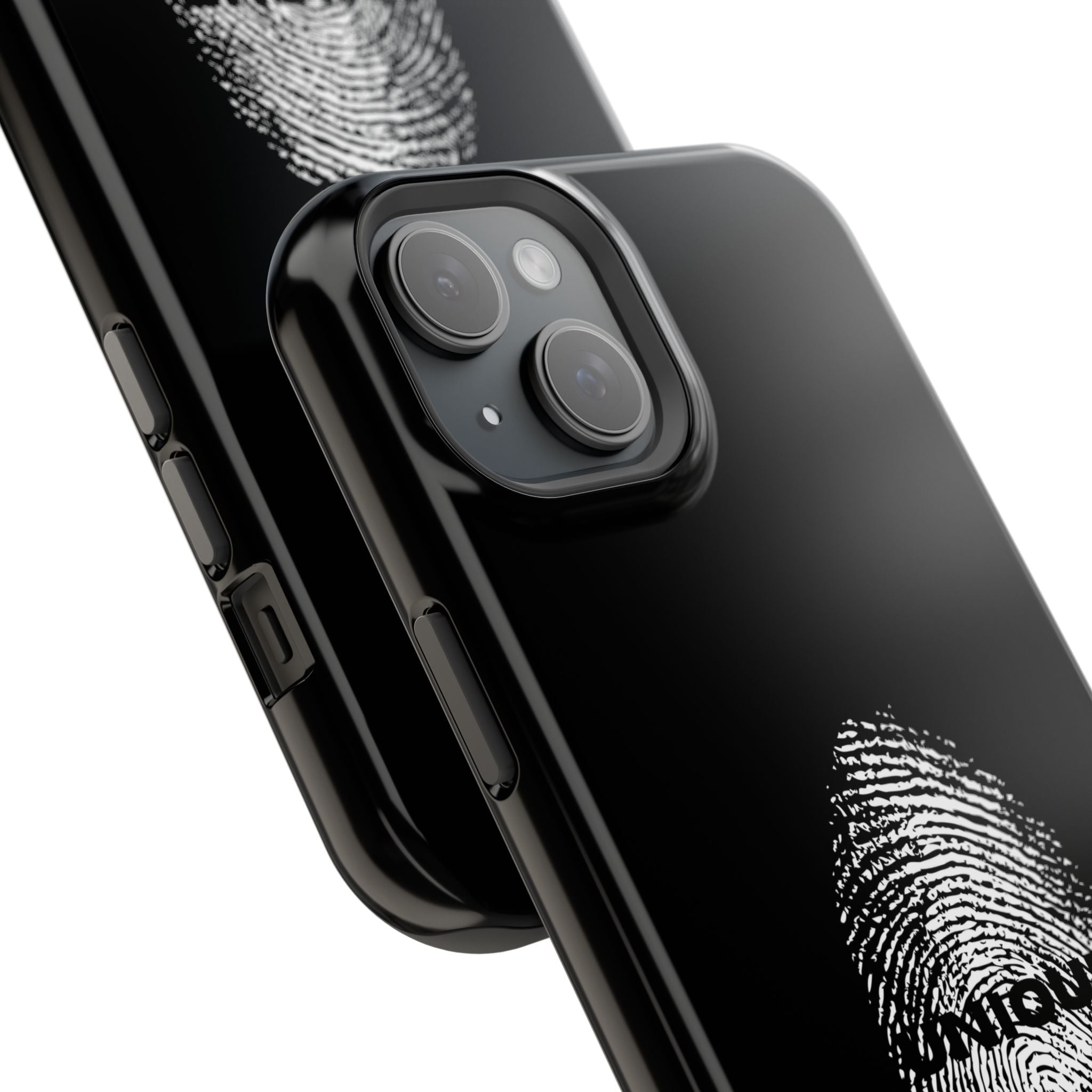 iPhone Case — Black Magnetic Impact-Resistant with Fingerprint Graphic & "Unique" Text