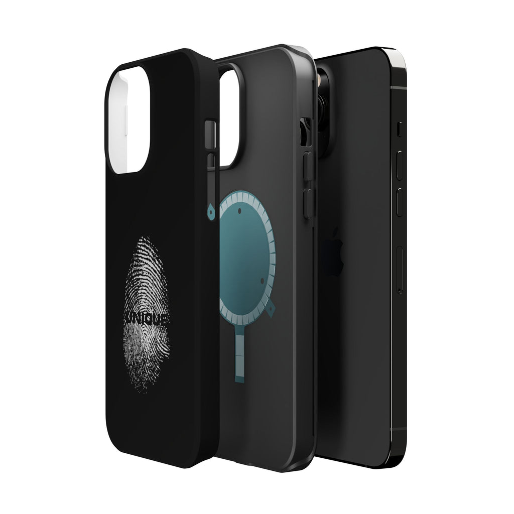 iPhone Case — Black Magnetic Impact-Resistant with Fingerprint Graphic & "Unique" Text