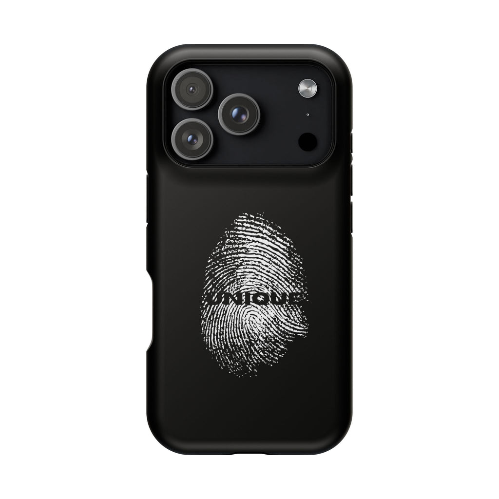 iPhone Case — Black Magnetic Impact-Resistant with Fingerprint Graphic & "Unique" Text