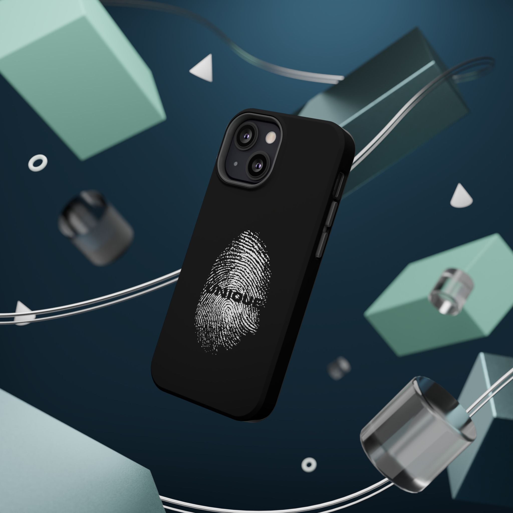 iPhone Case — Black Magnetic Impact-Resistant with Fingerprint Graphic & "Unique" Text