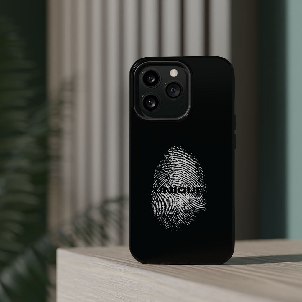 iPhone Case — Black Magnetic Impact-Resistant with Fingerprint Graphic & "Unique" Text