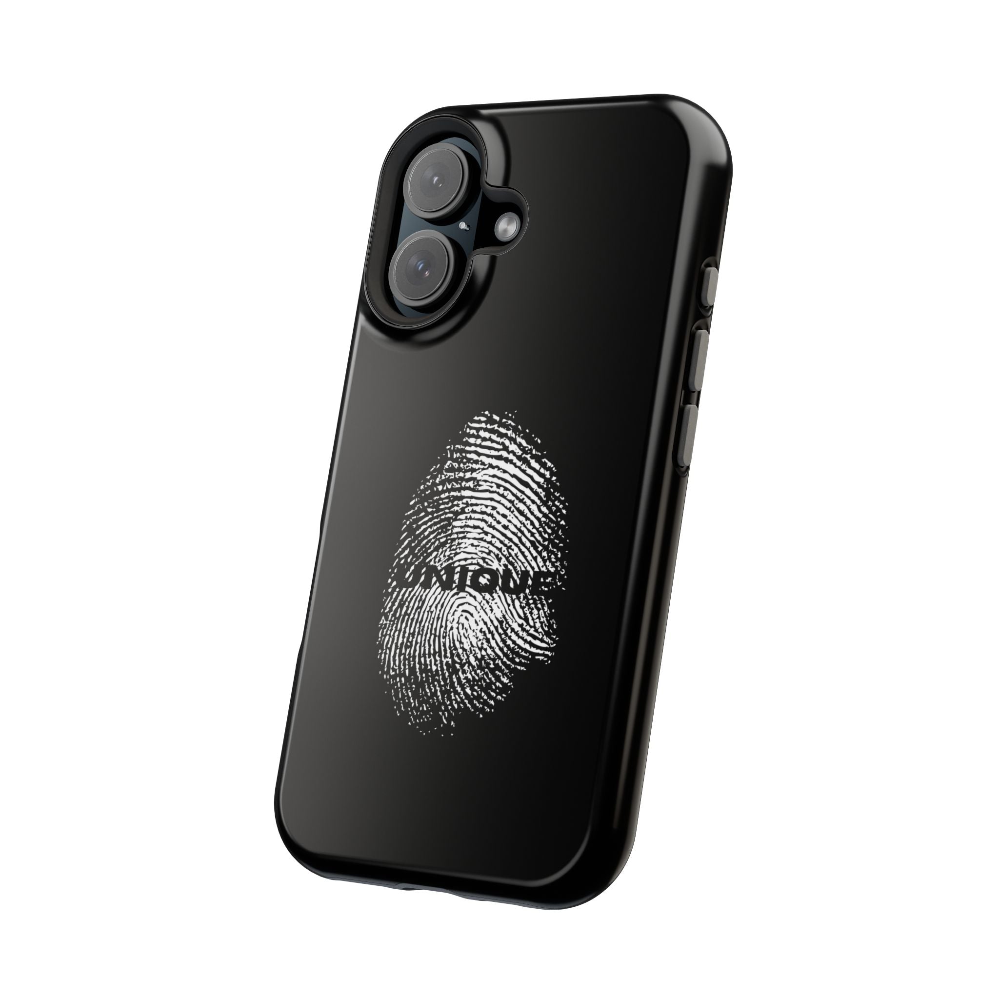 iPhone Case — Black Magnetic Impact-Resistant with Fingerprint Graphic & "Unique" Text