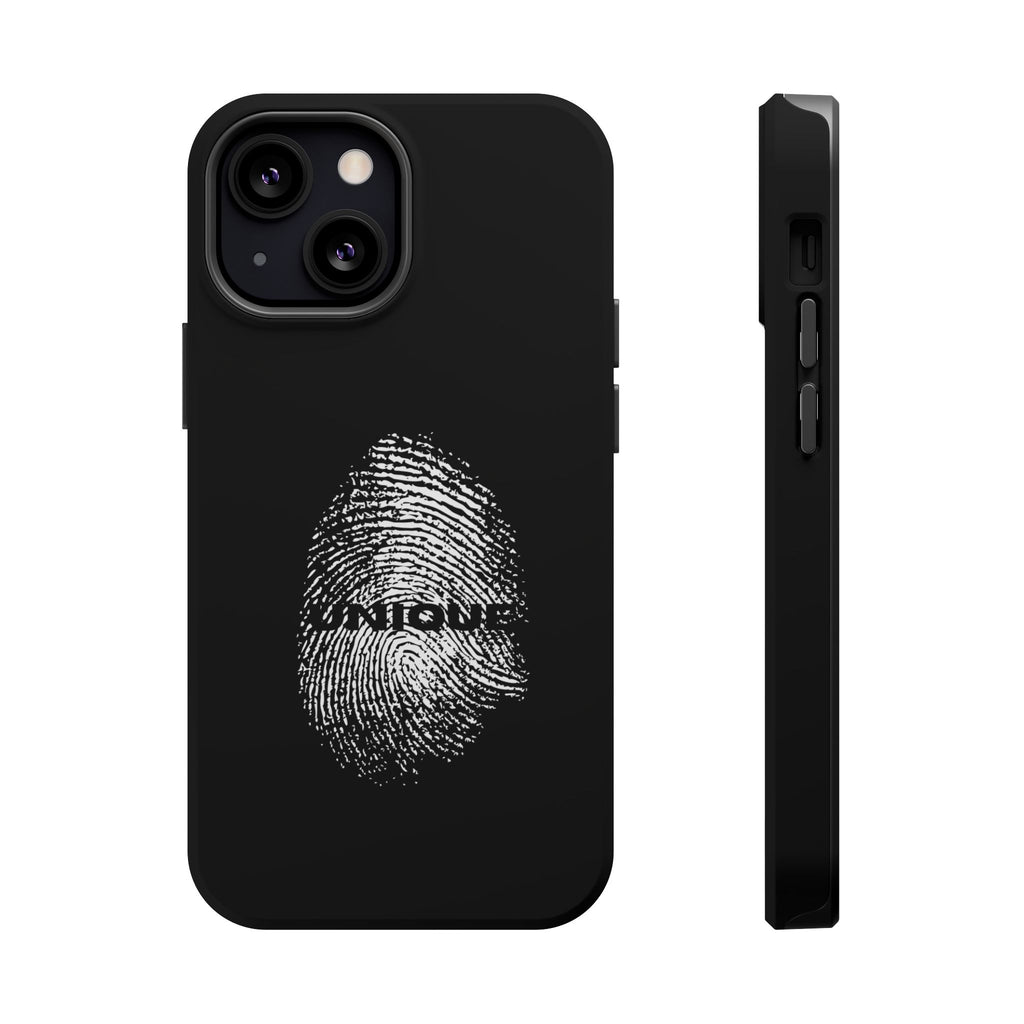 iPhone Case — Black Magnetic Impact-Resistant with Fingerprint Graphic & "Unique" Text