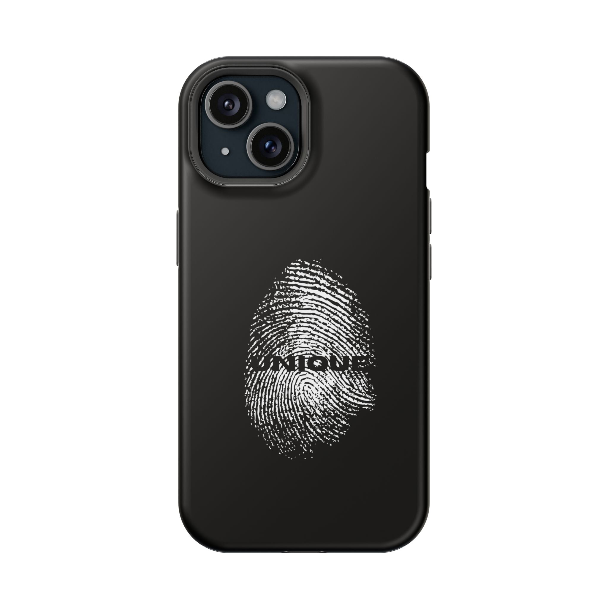 iPhone Case — Black Magnetic Impact-Resistant with Fingerprint Graphic & "Unique" Text