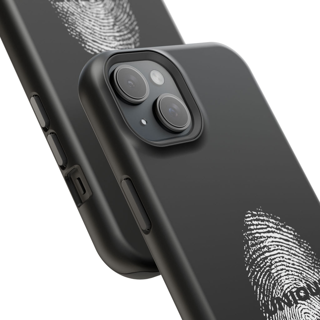 iPhone Case — Black Magnetic Impact-Resistant with Fingerprint Graphic & "Unique" Text