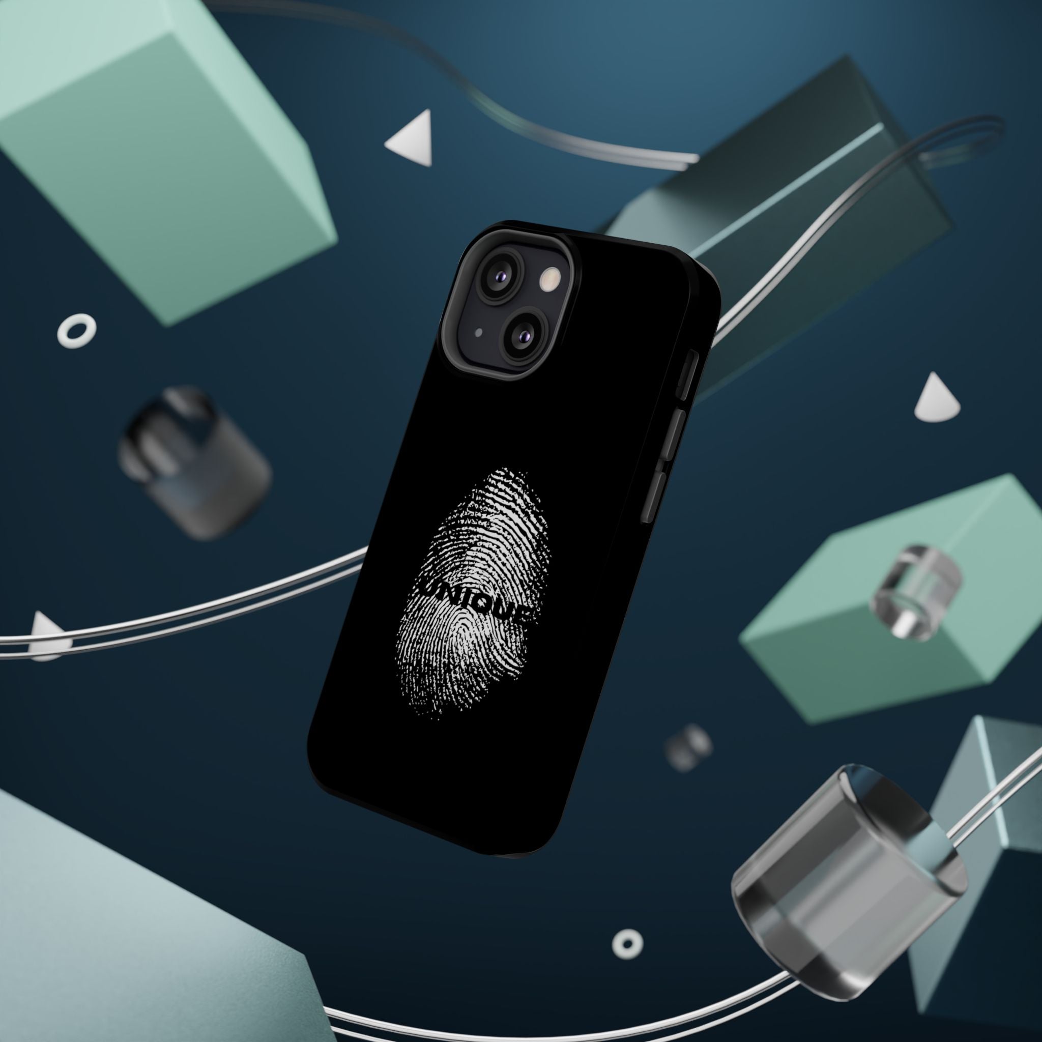 iPhone Case — Black Magnetic Impact-Resistant with Fingerprint Graphic & "Unique" Text