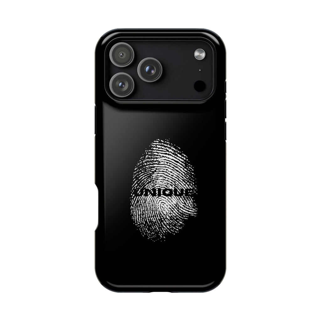 iPhone Case — Black Magnetic Impact-Resistant with Fingerprint Graphic & "Unique" Text