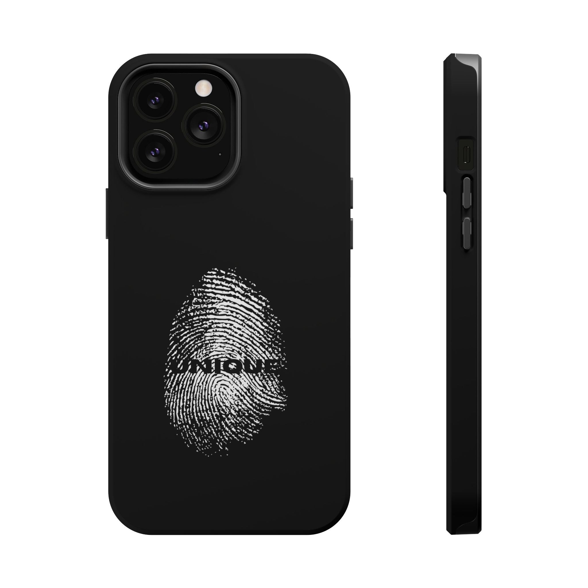 iPhone Case — Black Magnetic Impact-Resistant with Fingerprint Graphic & "Unique" Text