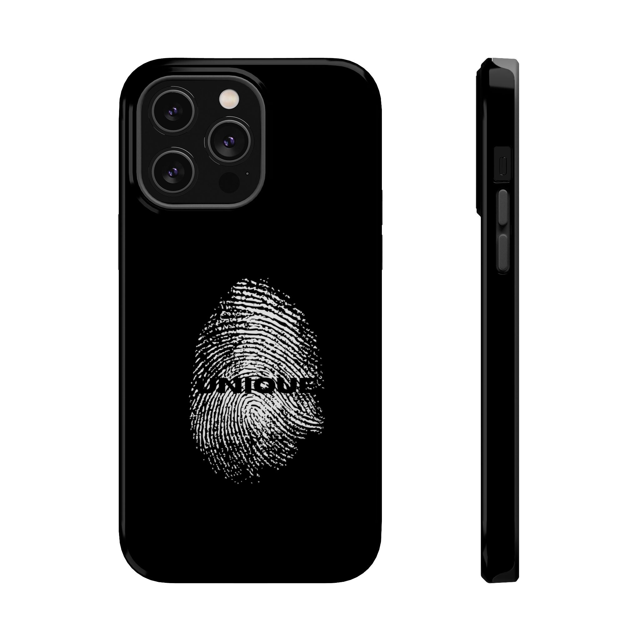 iPhone Case — Black Magnetic Impact-Resistant with Fingerprint Graphic & "Unique" Text