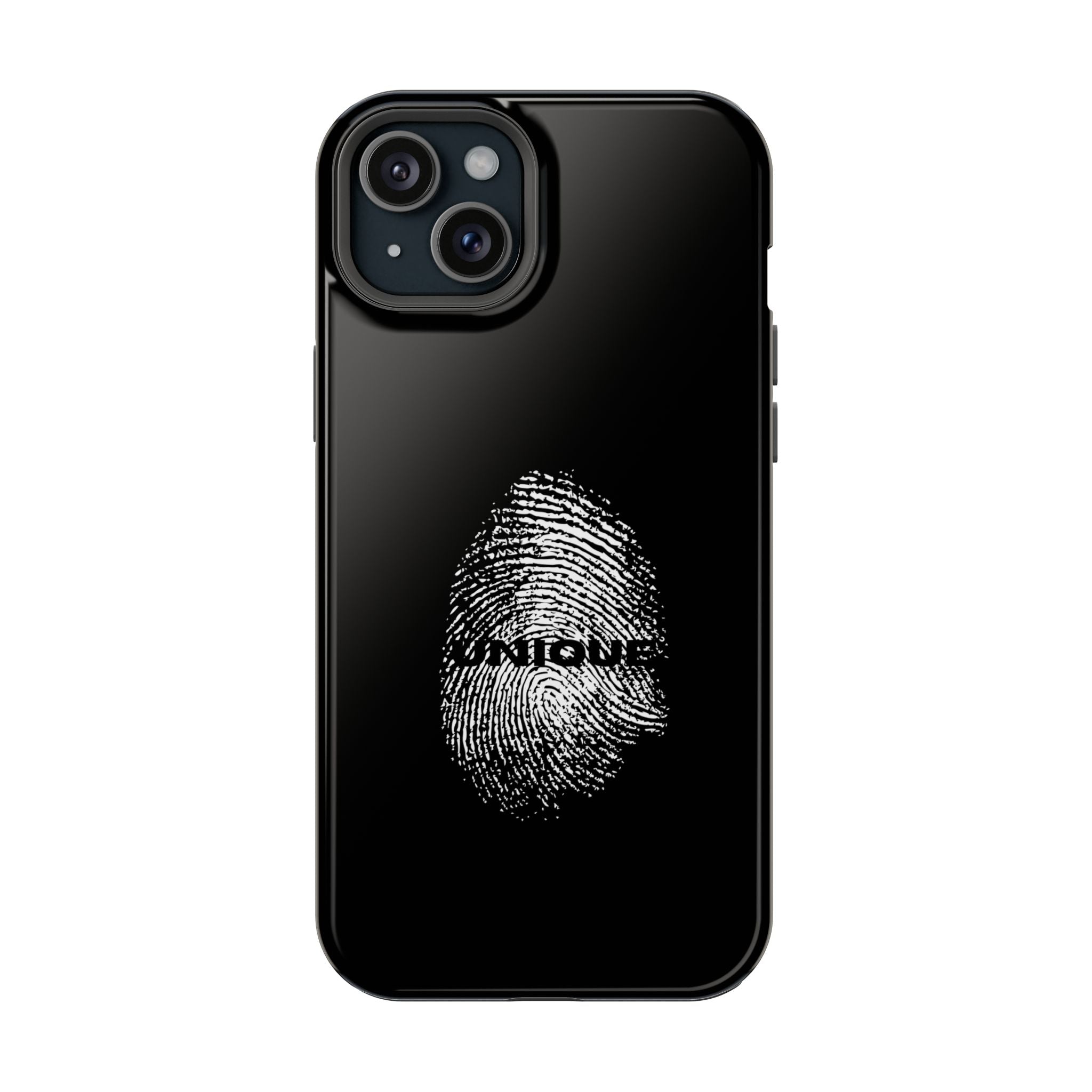 iPhone Case — Black Magnetic Impact-Resistant with Fingerprint Graphic & "Unique" Text