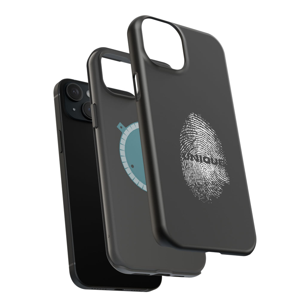 iPhone Case — Black Magnetic Impact-Resistant with Fingerprint Graphic & "Unique" Text