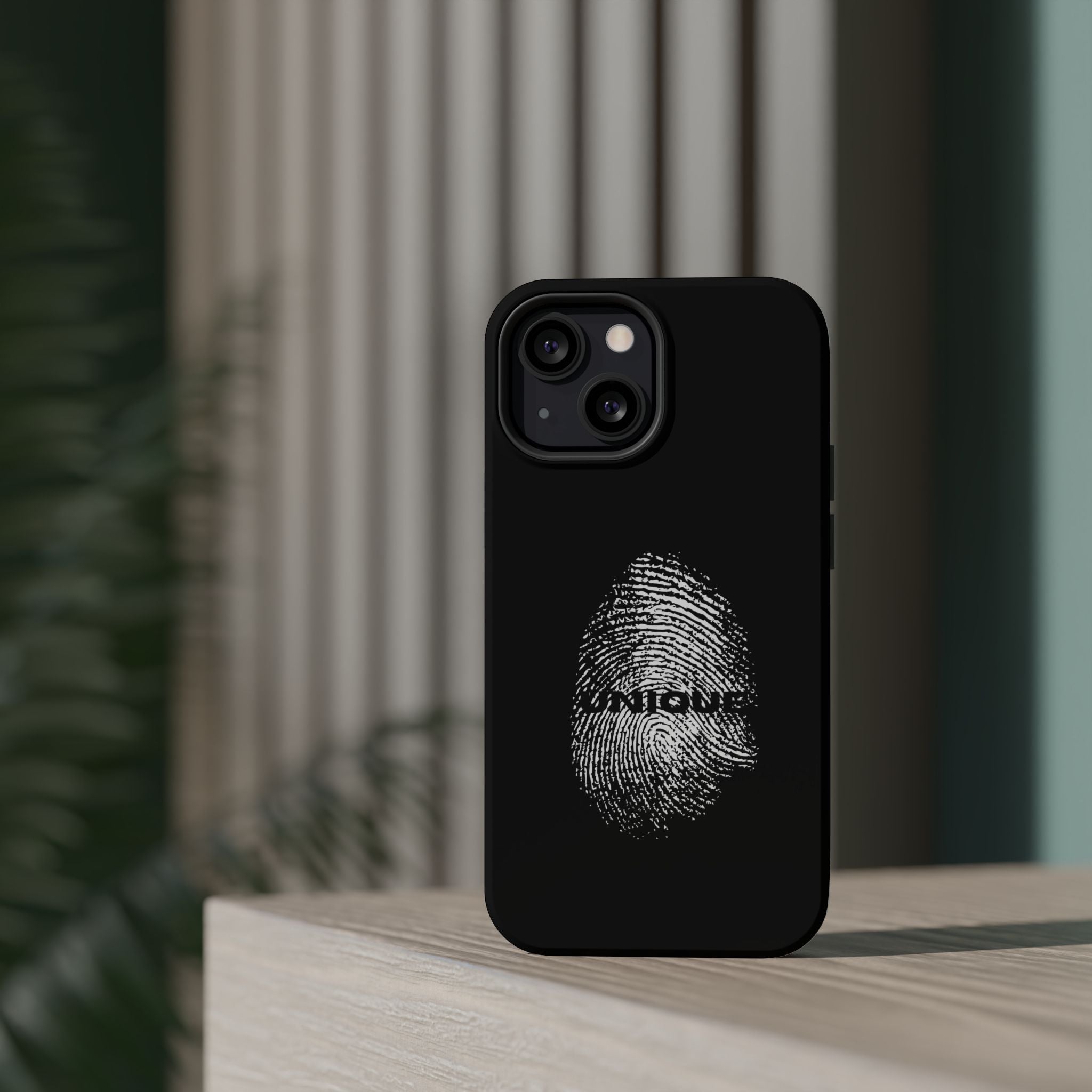 iPhone Case — Black Magnetic Impact-Resistant with Fingerprint Graphic & "Unique" Text