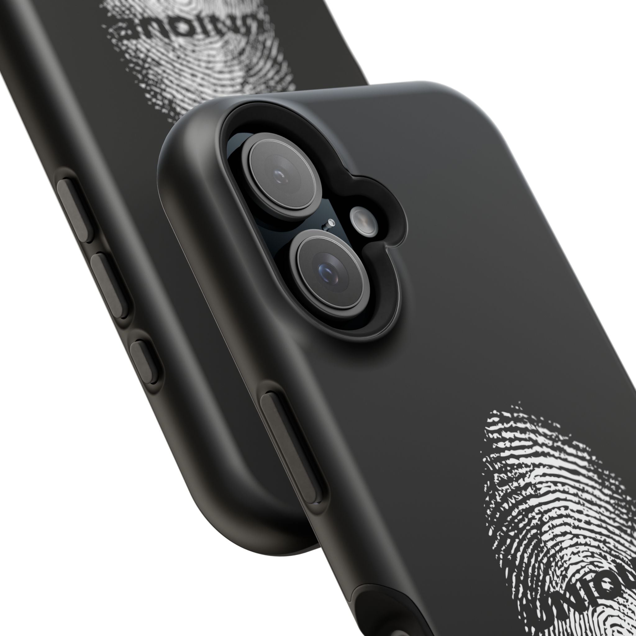 iPhone Case — Black Magnetic Impact-Resistant with Fingerprint Graphic & "Unique" Text