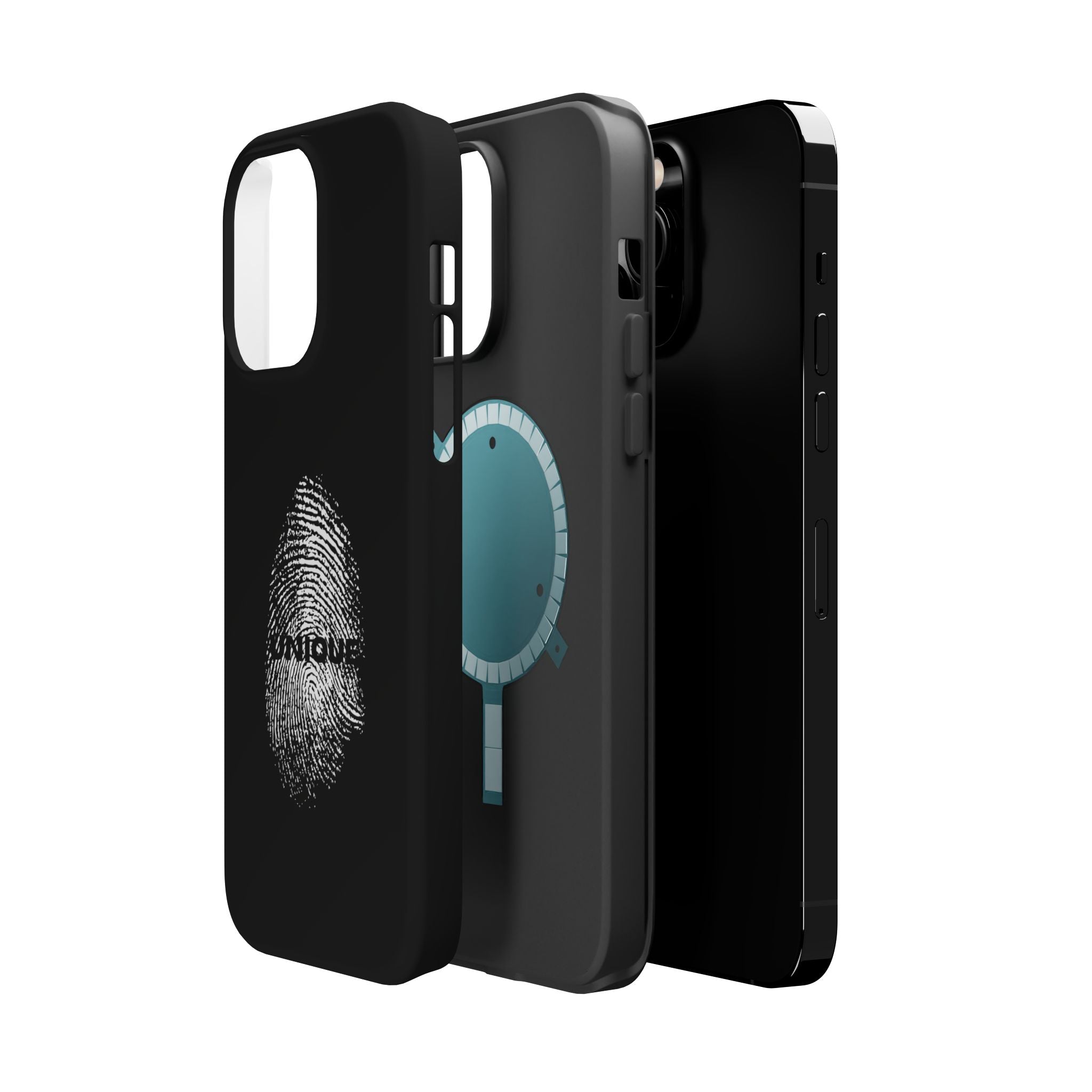 iPhone Case — Black Magnetic Impact-Resistant with Fingerprint Graphic & "Unique" Text