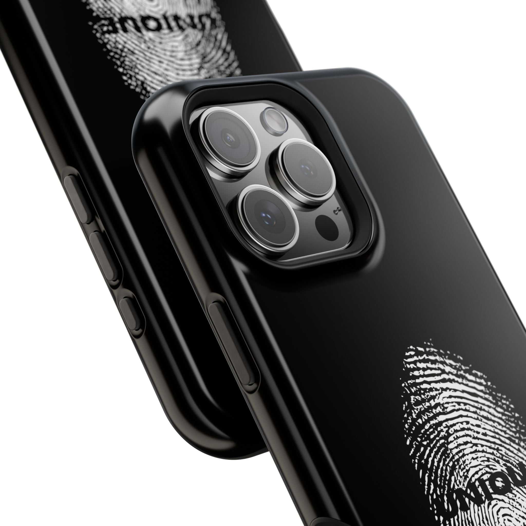 iPhone Case — Black Magnetic Impact-Resistant with Fingerprint Graphic & "Unique" Text