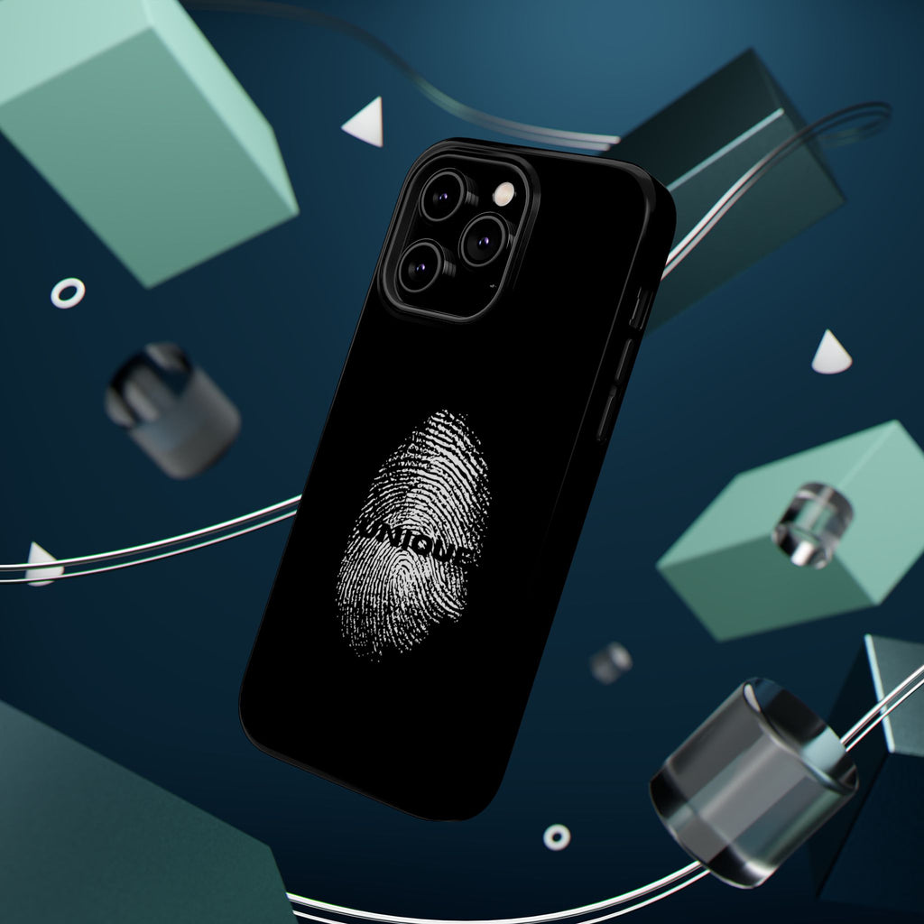iPhone Case — Black Magnetic Impact-Resistant with Fingerprint Graphic & "Unique" Text