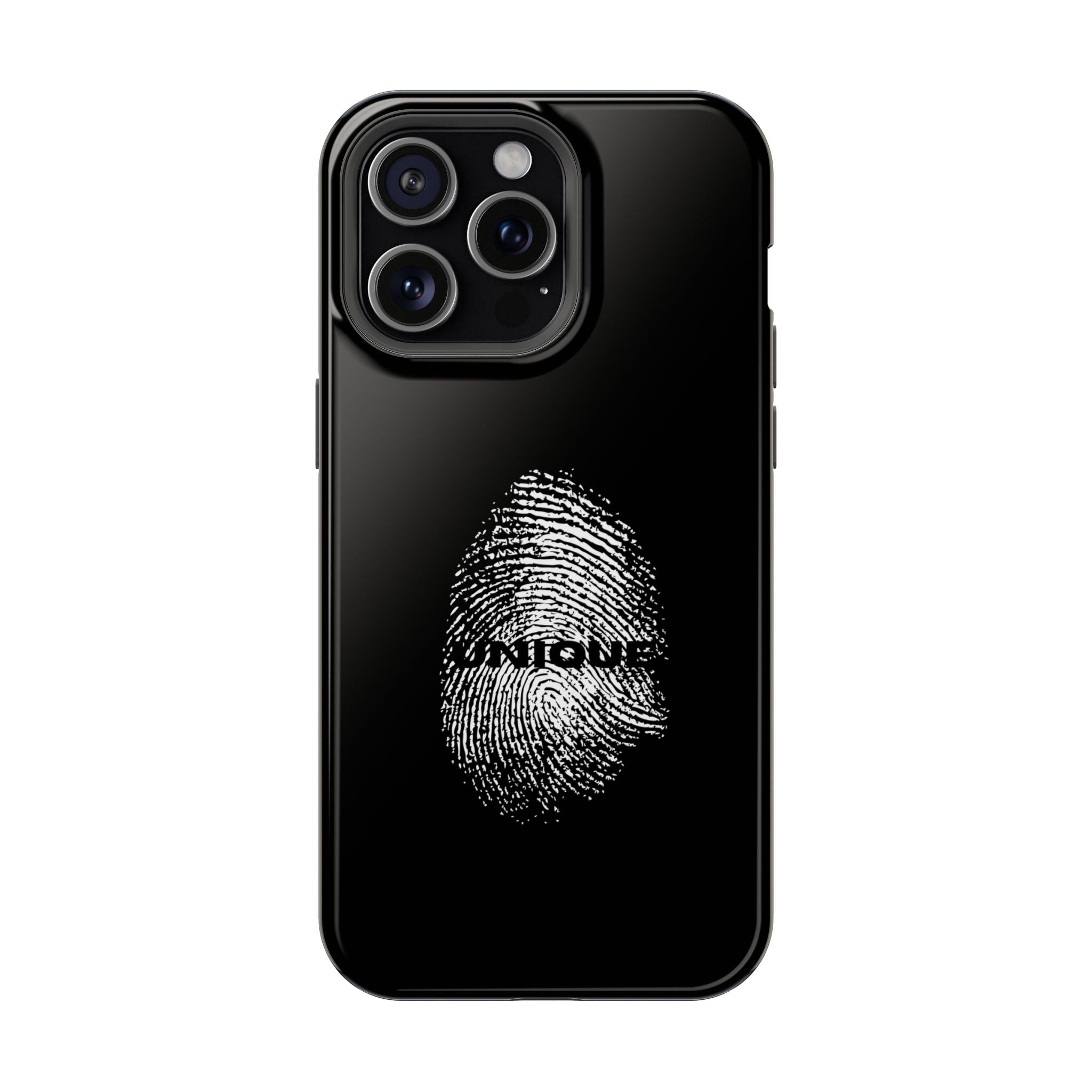 iPhone Case — Black Magnetic Impact-Resistant with Fingerprint Graphic & "Unique" Text