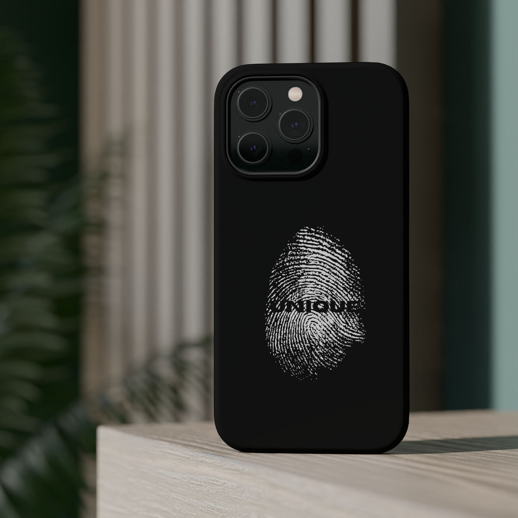 iPhone Case — Black Magnetic Impact-Resistant with Fingerprint Graphic & "Unique" Text