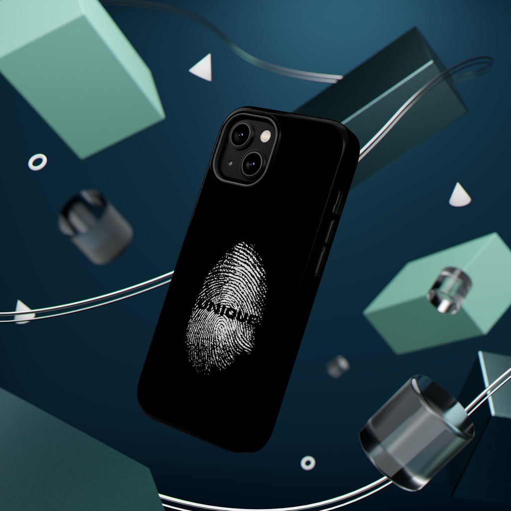 iPhone Case — Black Magnetic Impact-Resistant with Fingerprint Graphic & "Unique" Text