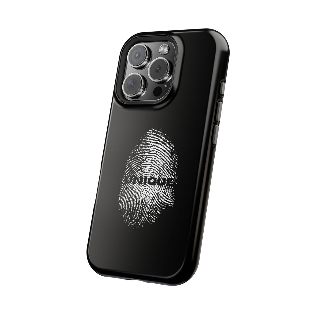 iPhone Case — Black Magnetic Impact-Resistant with Fingerprint Graphic & "Unique" Text