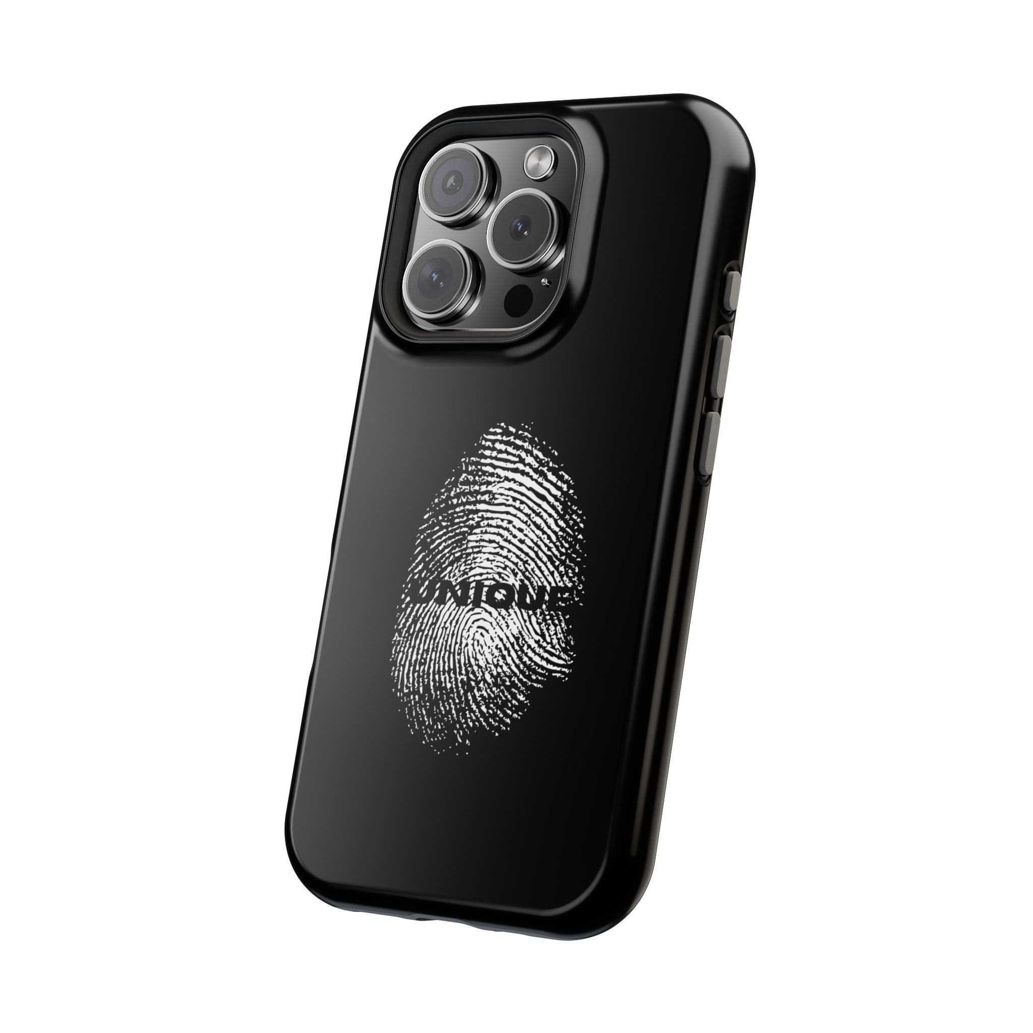 iPhone Case — Black Magnetic Impact-Resistant with Fingerprint Graphic & "Unique" Text