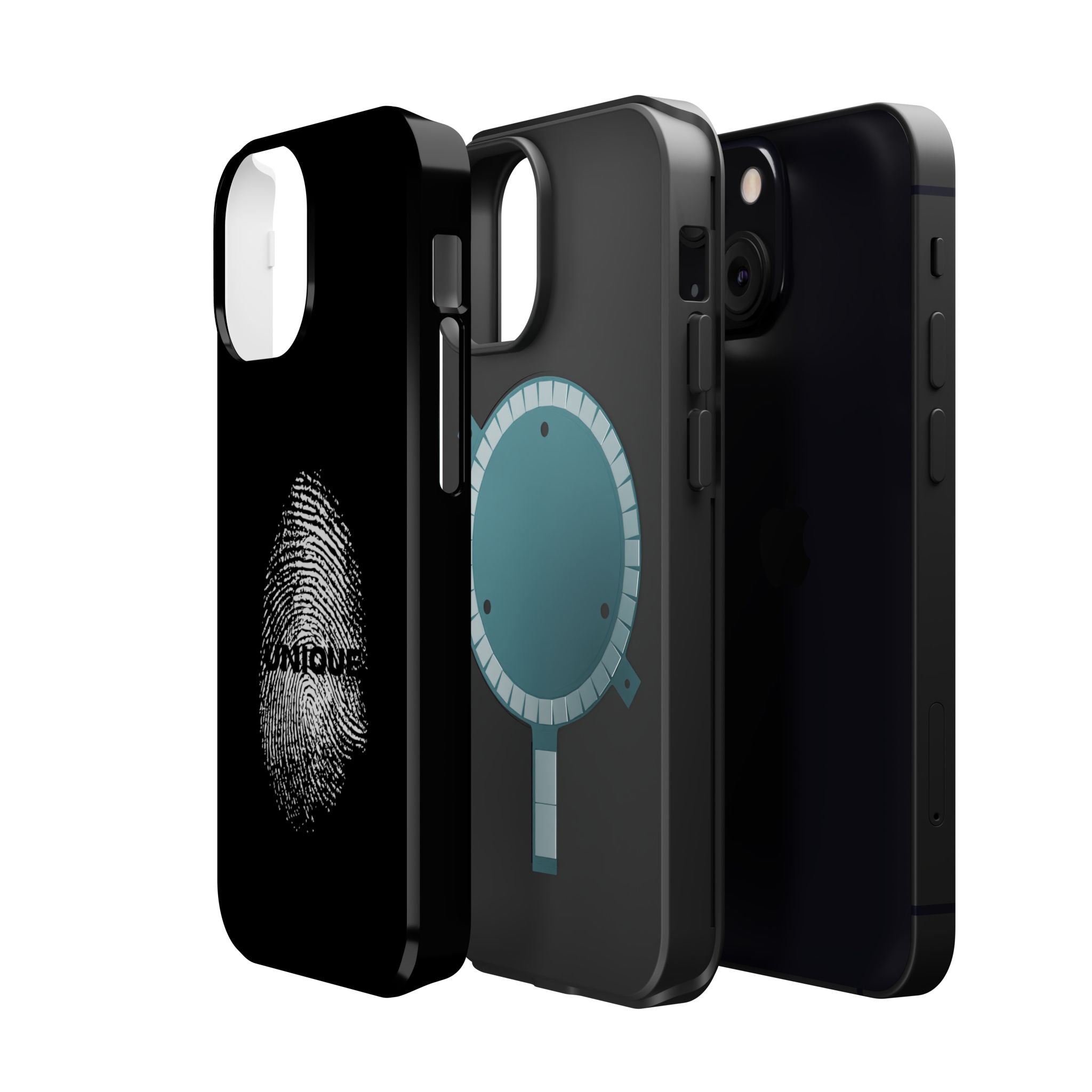 iPhone Case — Black Magnetic Impact-Resistant with Fingerprint Graphic & "Unique" Text