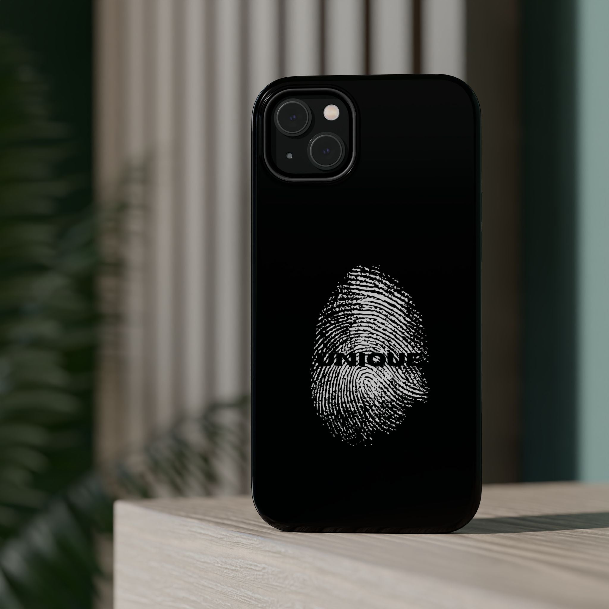 iPhone Case — Black Magnetic Impact-Resistant with Fingerprint Graphic & "Unique" Text