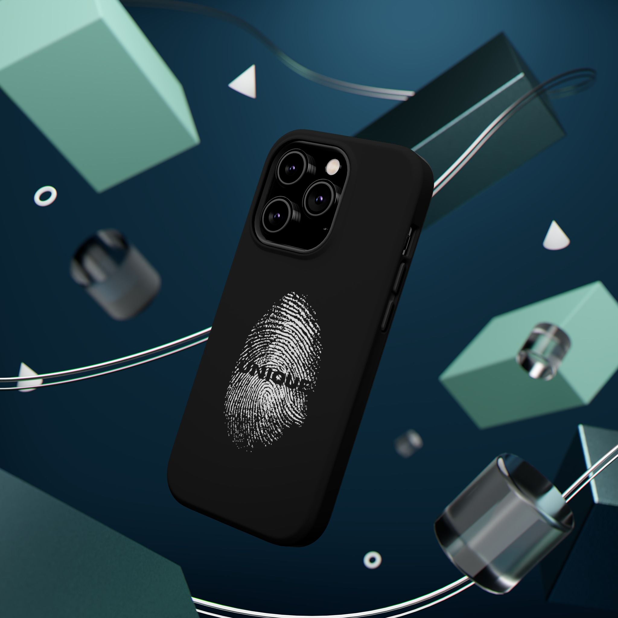 iPhone Case — Black Magnetic Impact-Resistant with Fingerprint Graphic & "Unique" Text