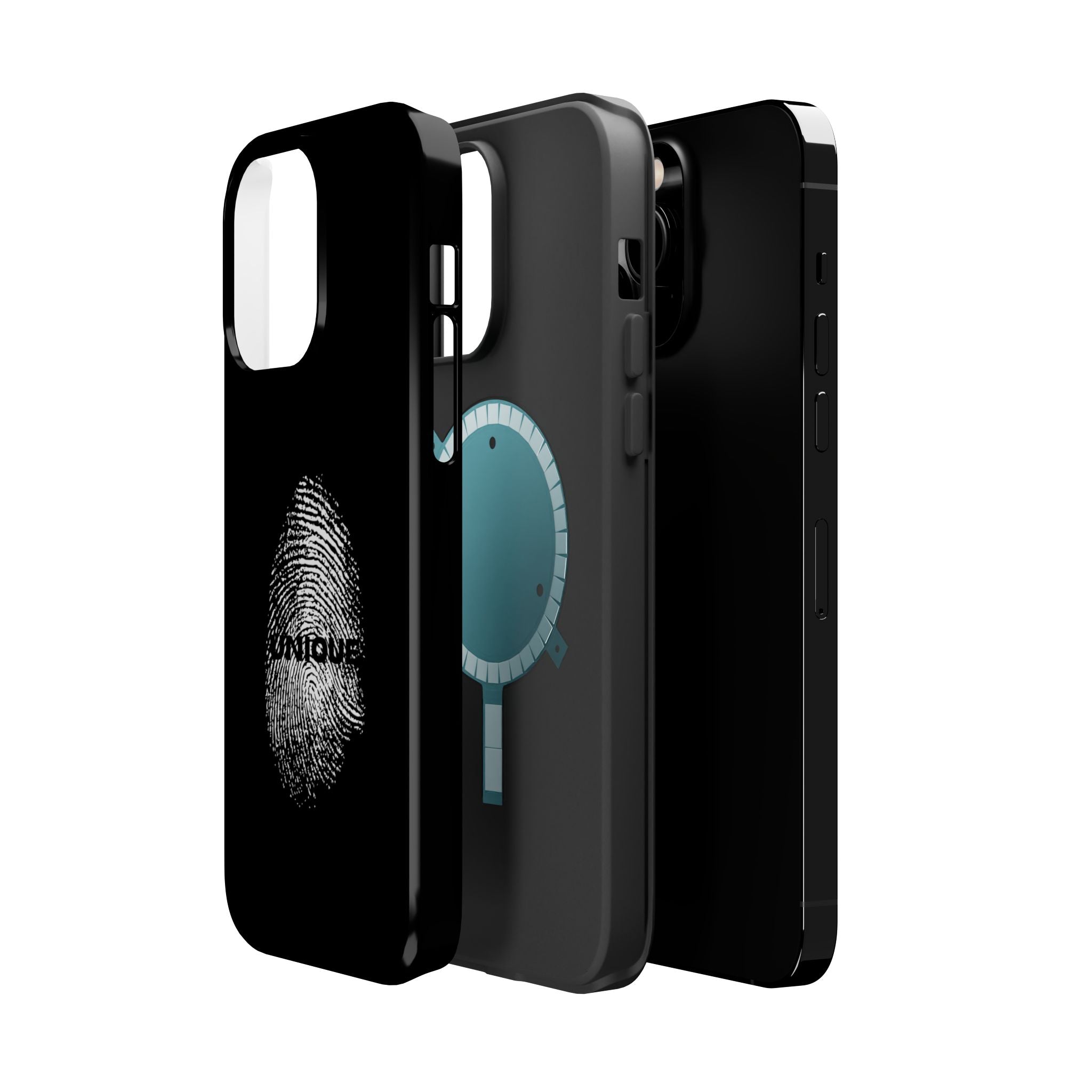 iPhone Case — Black Magnetic Impact-Resistant with Fingerprint Graphic & "Unique" Text