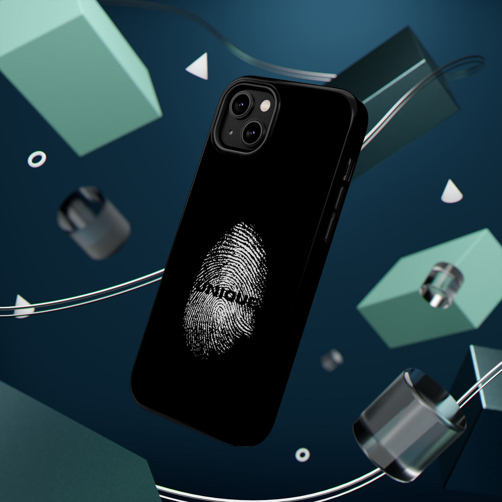 iPhone Case — Black Magnetic Impact-Resistant with Fingerprint Graphic & "Unique" Text