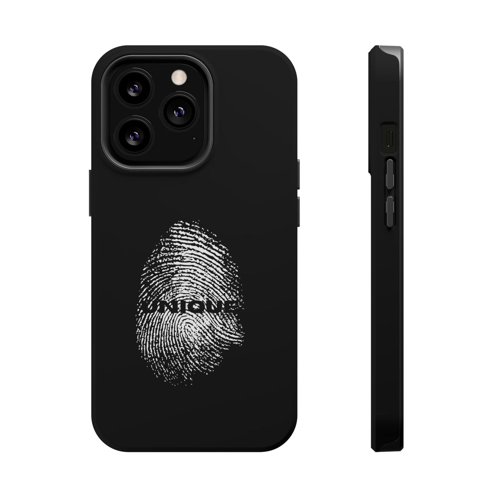 iPhone Case — Black Magnetic Impact-Resistant with Fingerprint Graphic & "Unique" Text