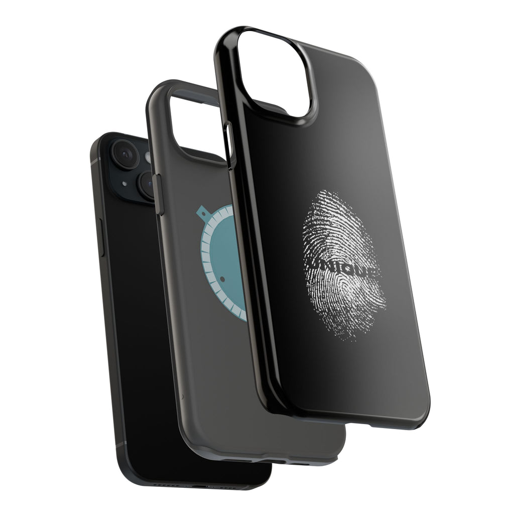 iPhone Case — Black Magnetic Impact-Resistant with Fingerprint Graphic & "Unique" Text