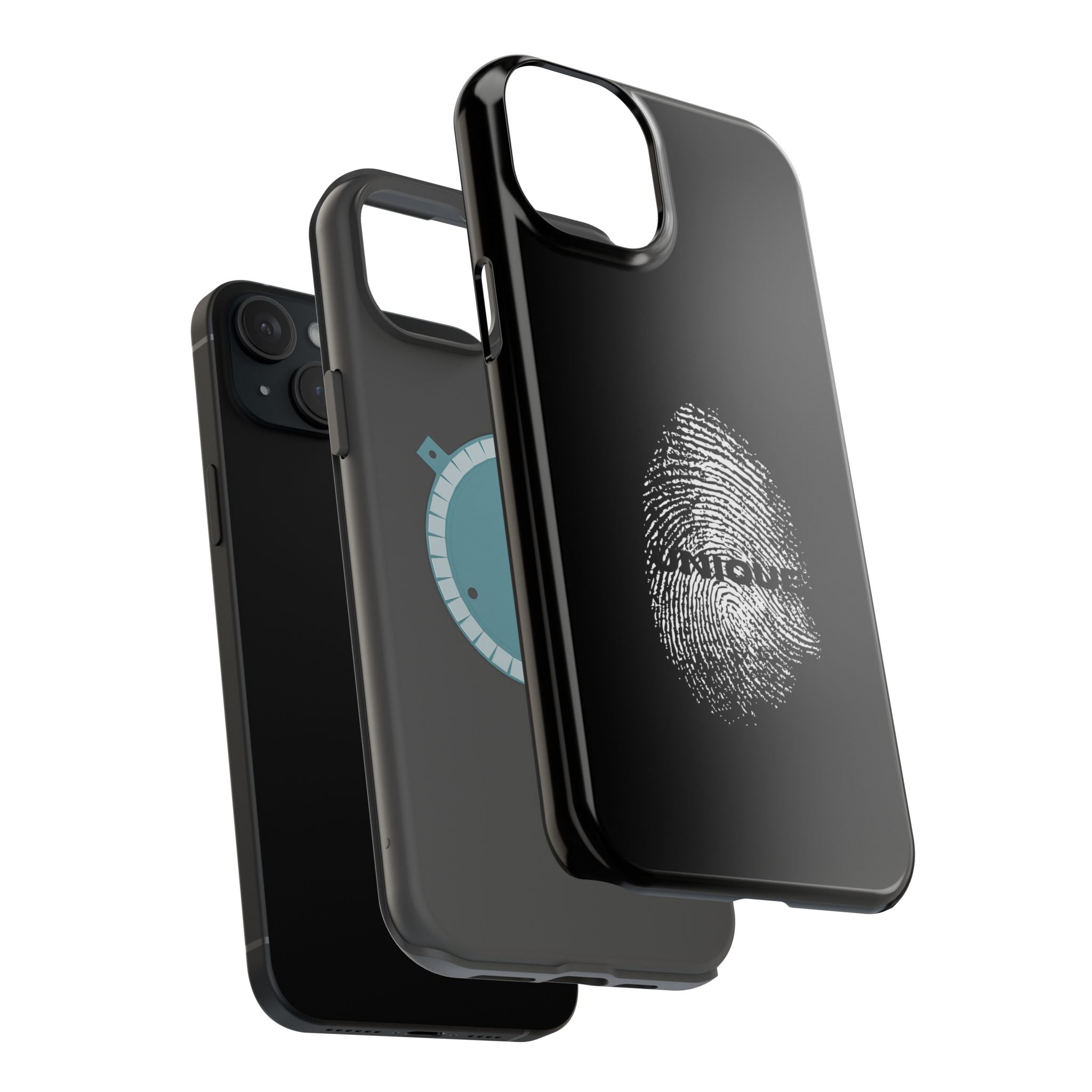 iPhone Case — Black Magnetic Impact-Resistant with Fingerprint Graphic & "Unique" Text