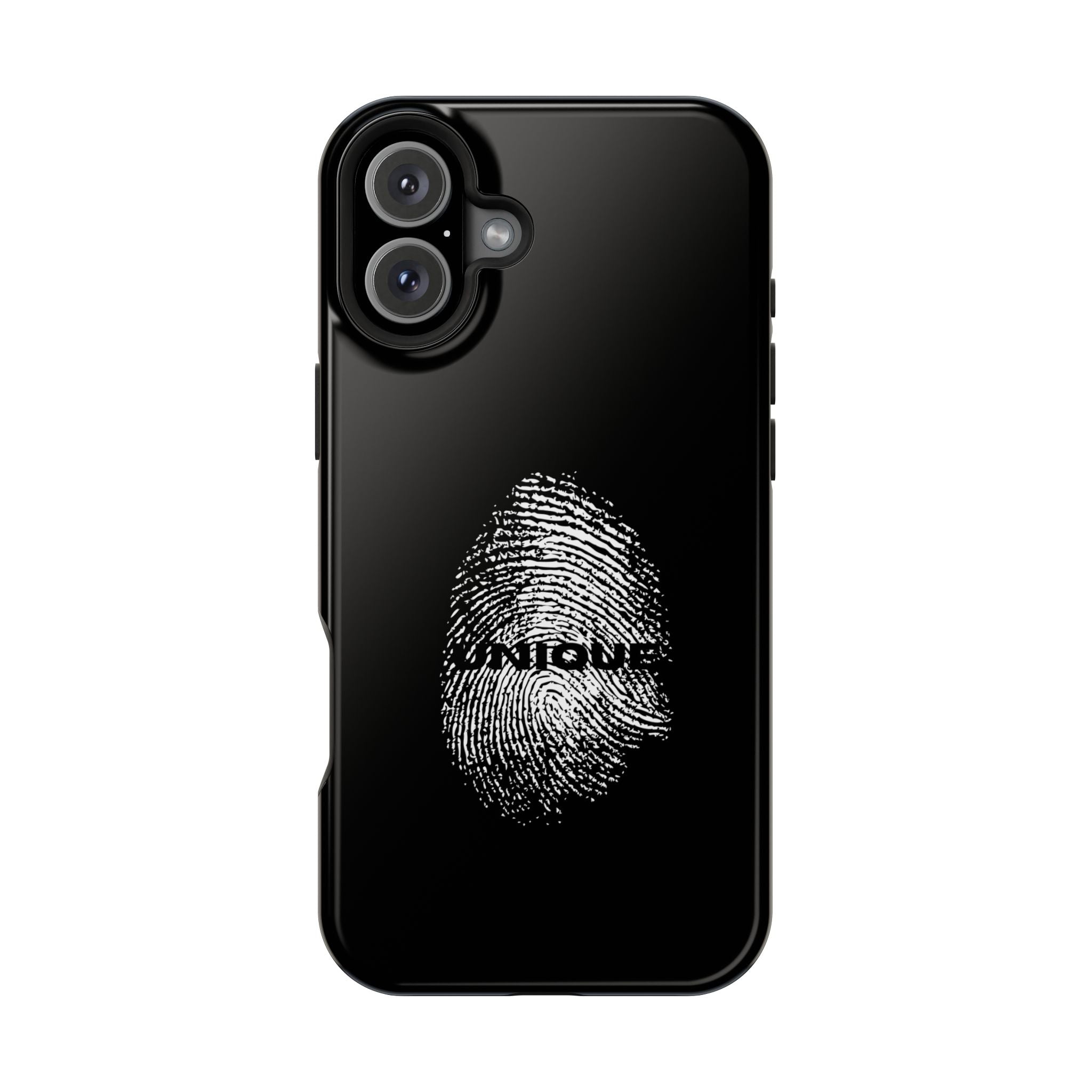 iPhone Case — Black Magnetic Impact-Resistant with Fingerprint Graphic & "Unique" Text
