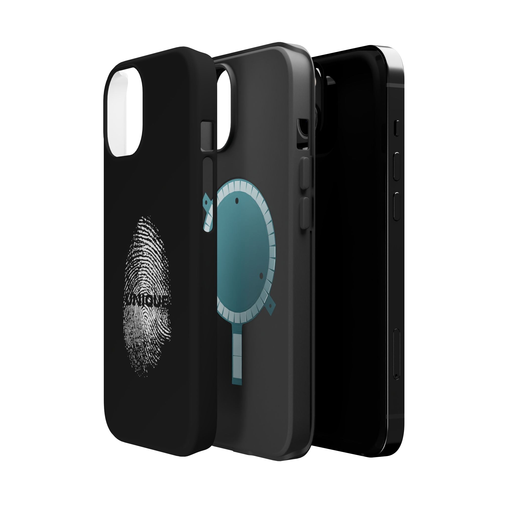 iPhone Case — Black Magnetic Impact-Resistant with Fingerprint Graphic & "Unique" Text