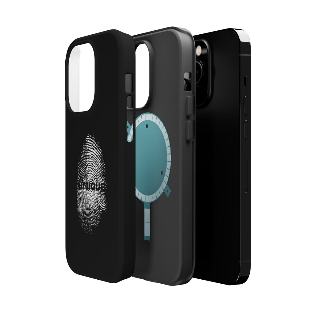 iPhone Case — Black Magnetic Impact-Resistant with Fingerprint Graphic & "Unique" Text