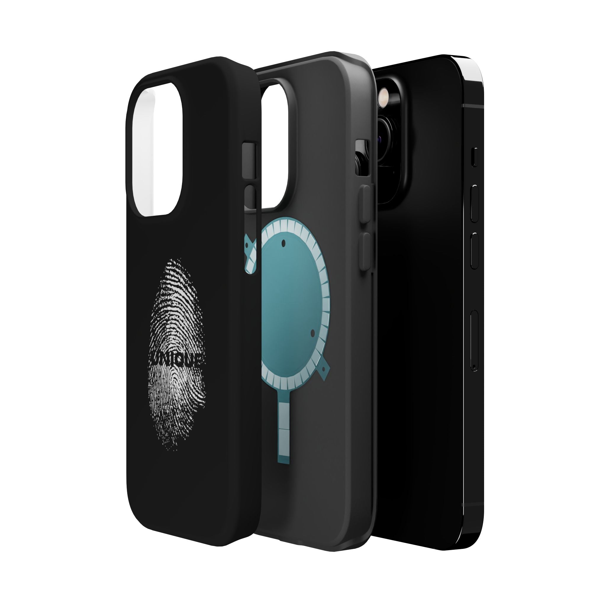 iPhone Case — Black Magnetic Impact-Resistant with Fingerprint Graphic & "Unique" Text
