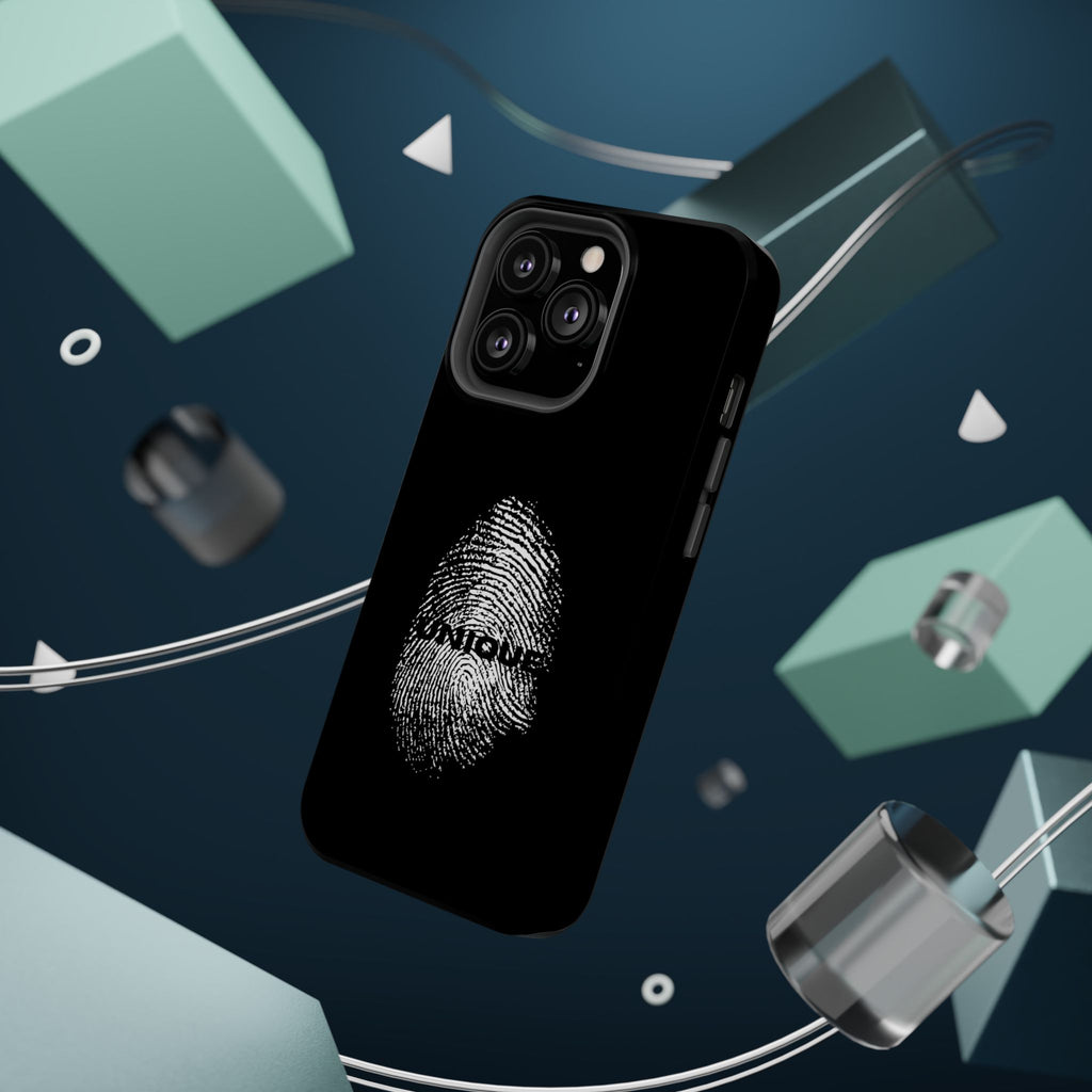 iPhone Case — Black Magnetic Impact-Resistant with Fingerprint Graphic & "Unique" Text