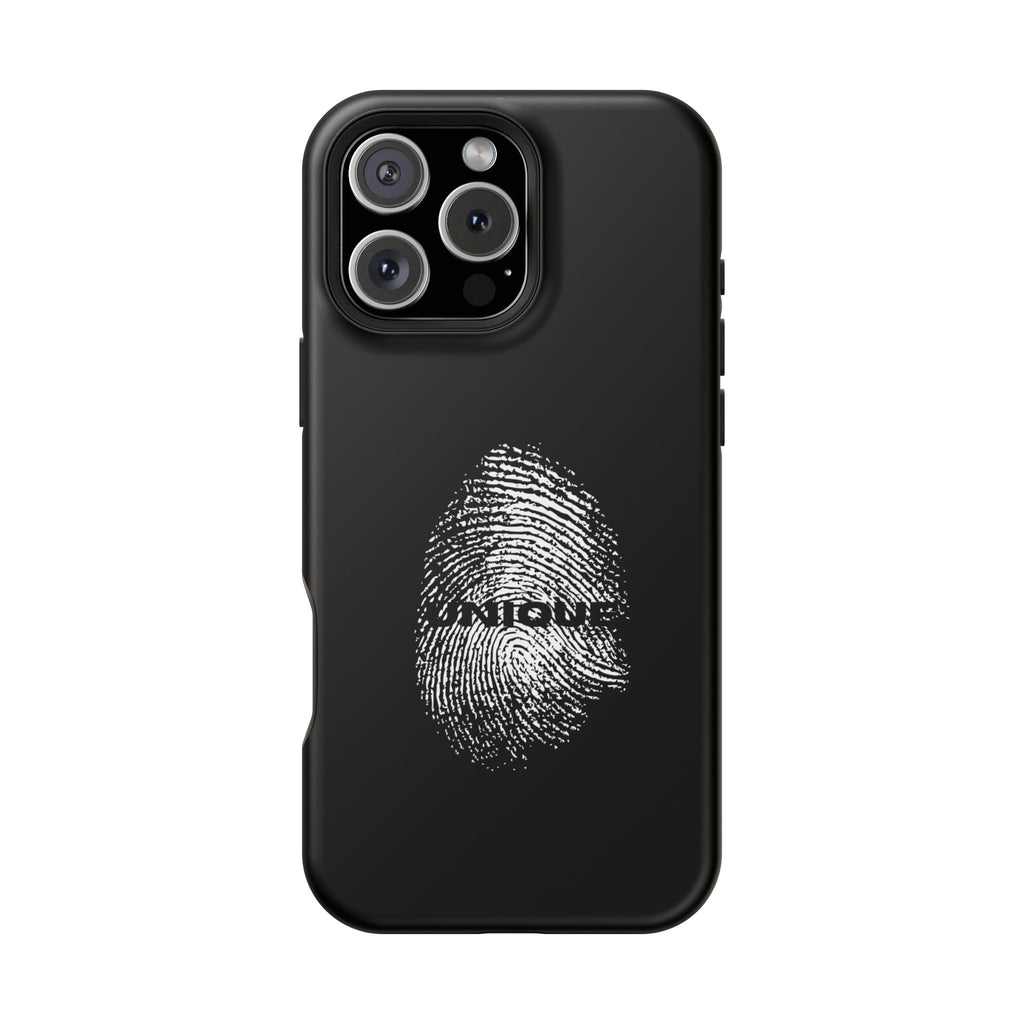 iPhone Case — Black Magnetic Impact-Resistant with Fingerprint Graphic & "Unique" Text