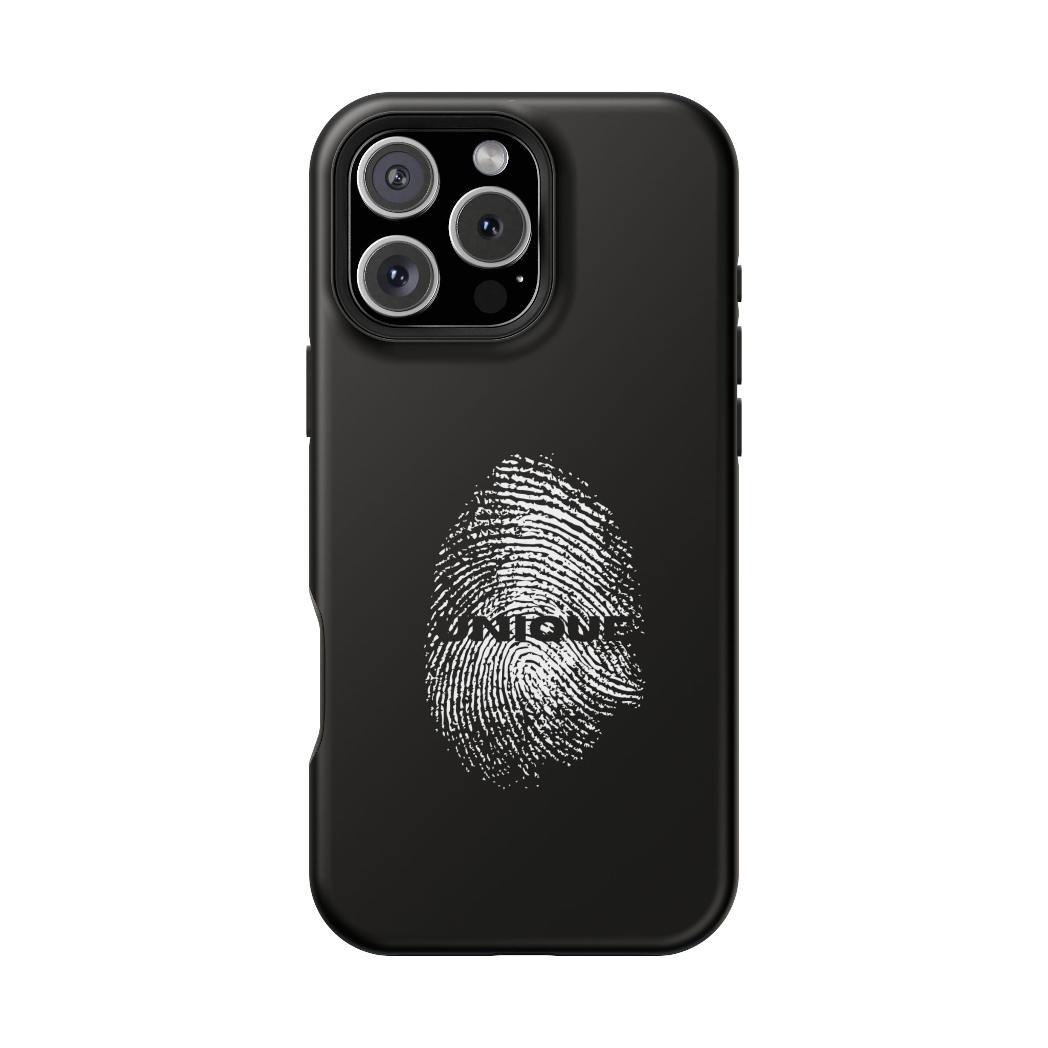 iPhone Case — Black Magnetic Impact-Resistant with Fingerprint Graphic & "Unique" Text